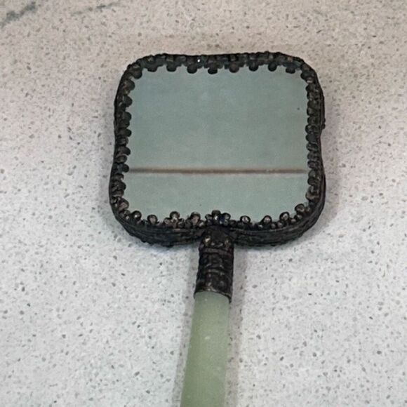 Vtg Chinese Hand Mirror Rounded Corner Squircle W/ Jade Handle & Porcelain Back - Picture 9 of 15